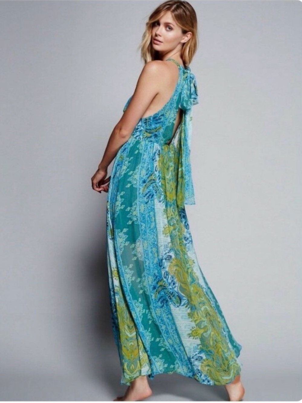 Free People Spring Scenery Maxi Dress Size 12 Halter Neck Floral Blue Green - Picture 4 of 15